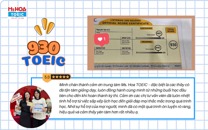 Hải Anh đạt 930 TOEIC