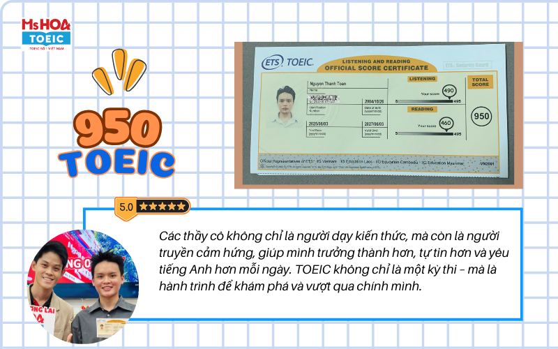 Thanh Toàn đạt 950 TOEIC tại Ms Hoa Khánh Hội