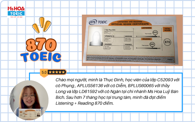 Thục Đình đạt 870 TOEIC