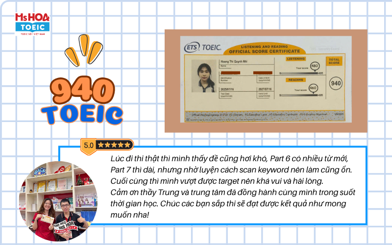 Nhi đạt 940 điểm TOEIC khi học tại Ms Hoa TOEIC