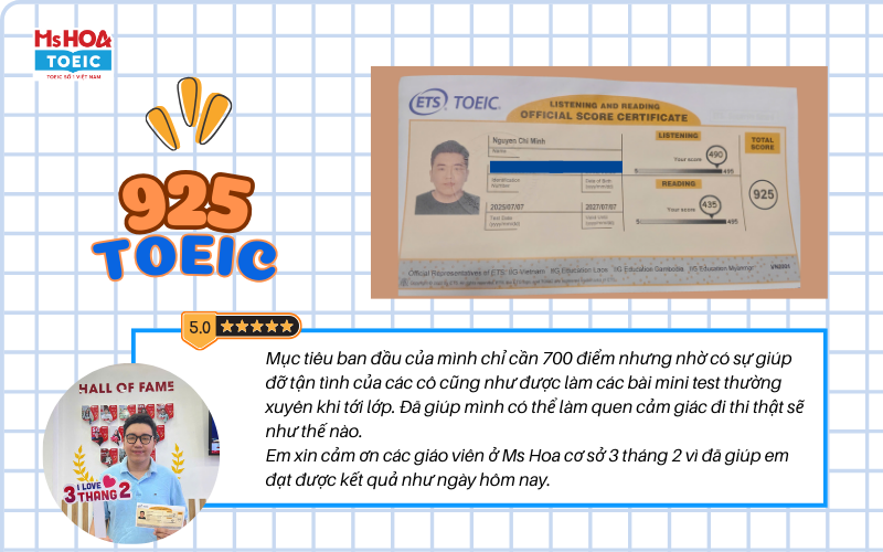 Chí Minh đạt 925 TOEIC sau 2 khoá học tại Ms Hoa 
