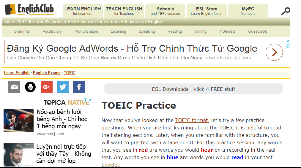 Giao diện trang Englishclub.com để ôn thi toeic online